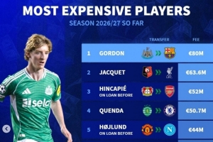 德转列新赛季转会榜:戈登8千万居首 雅凯、因卡皮耶、霍伊伦在列配图