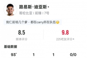 路易斯·迪亚斯本场：传射+1中框2过人成功2关键传球，评分8.5配图