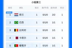 前8出线！小组第三排名：荷兰、巴西、比利时、葡萄牙、西班牙前8配图