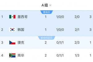 世界杯A组积分榜：捷克南非2轮后同积1分，仍分列小组3、4名配图