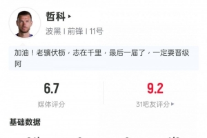 哲科本场数据：2射门0射正2解围1拦截1黄牌，评分6.7配图
