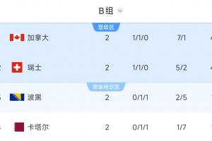 出线形势大好！B组积分榜：加拿大、瑞士4分，波黑、卡塔尔1分配图