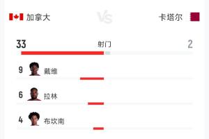 碾压！加拿大6-0卡塔尔全场数据：射门33-2 射正10-0 控球79%-21%配图