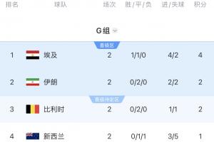 G组积分榜：埃及4分登顶，伊朗、比利时同积2分，新西兰垫底配图