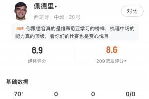 热区图集中在对方半场！佩德里全场数据：传球成功率85.3%，6.9分配图
